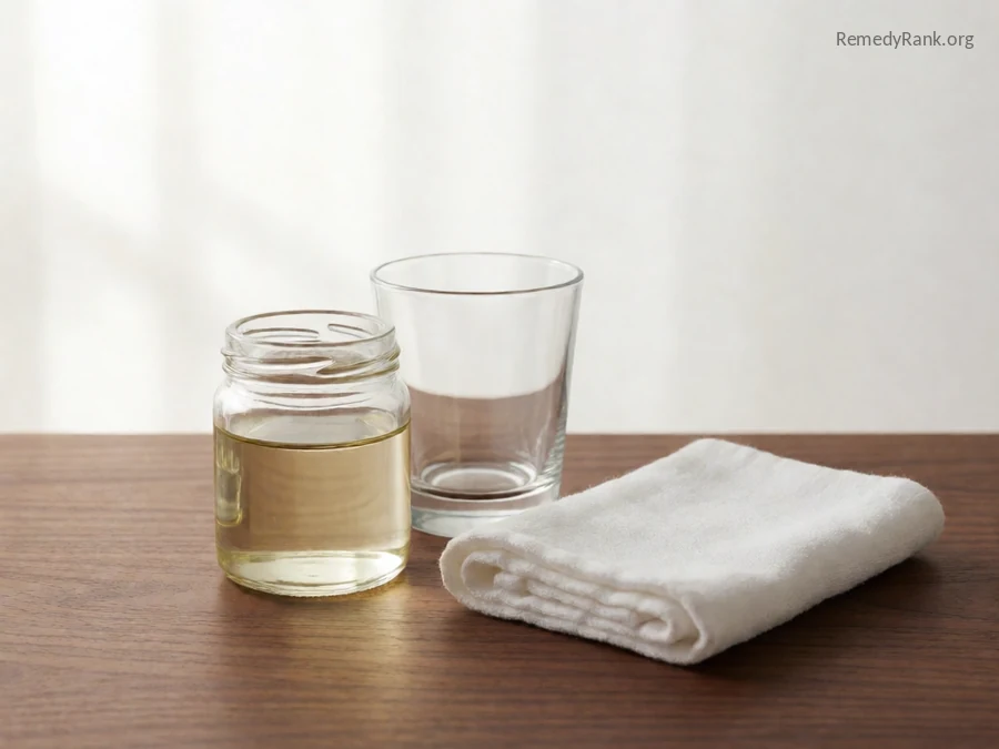 A small glass jar of pale oil next to an empty glass.