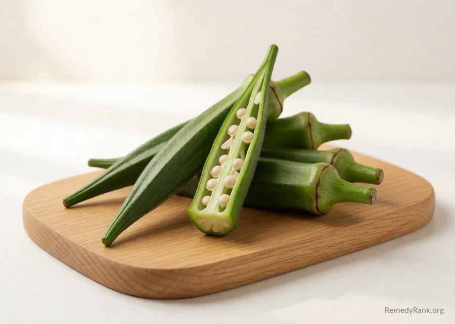 Whole okra pods beside one sliced to show its star-shaped seed pattern.