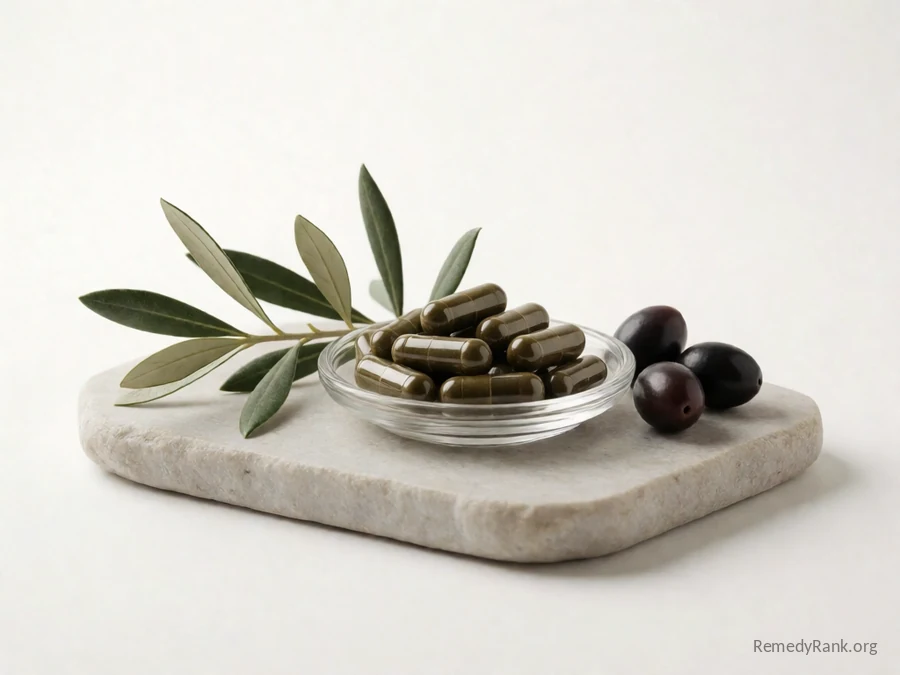 Dark green capsules beside a sprig of olive leaves and a few black olives.