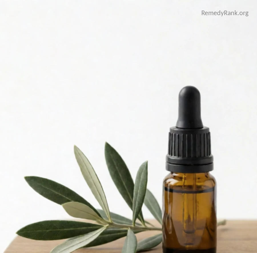 Silvery-green olive leaves on a stem beside a small amber dropper bottle.