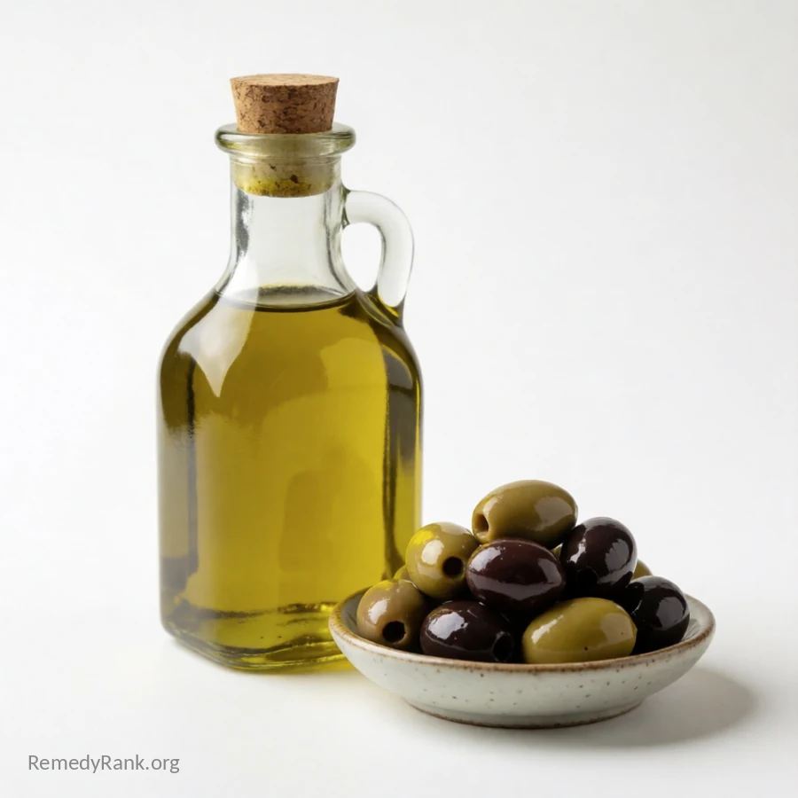 A glass bottle of golden-green olive oil next to a small dish of black and green olives.