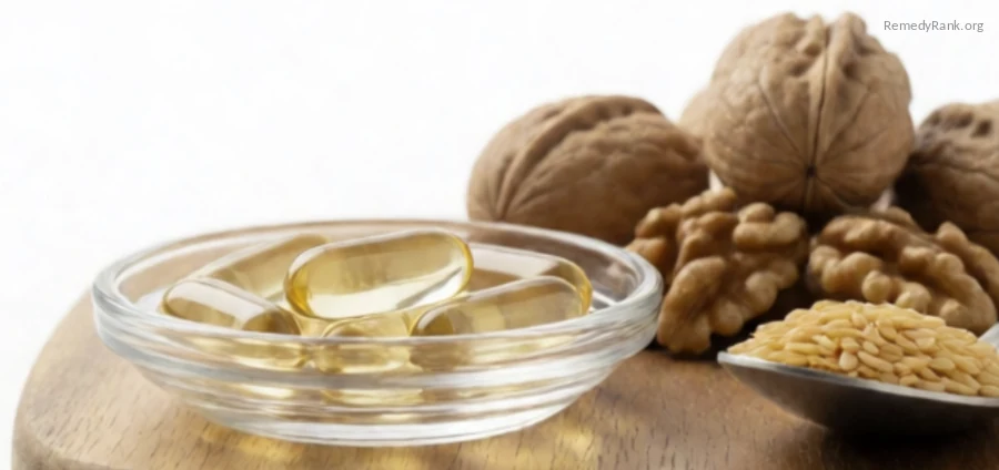 Capsules in a glass dish beside walnuts and a spoonful of flaxseeds.