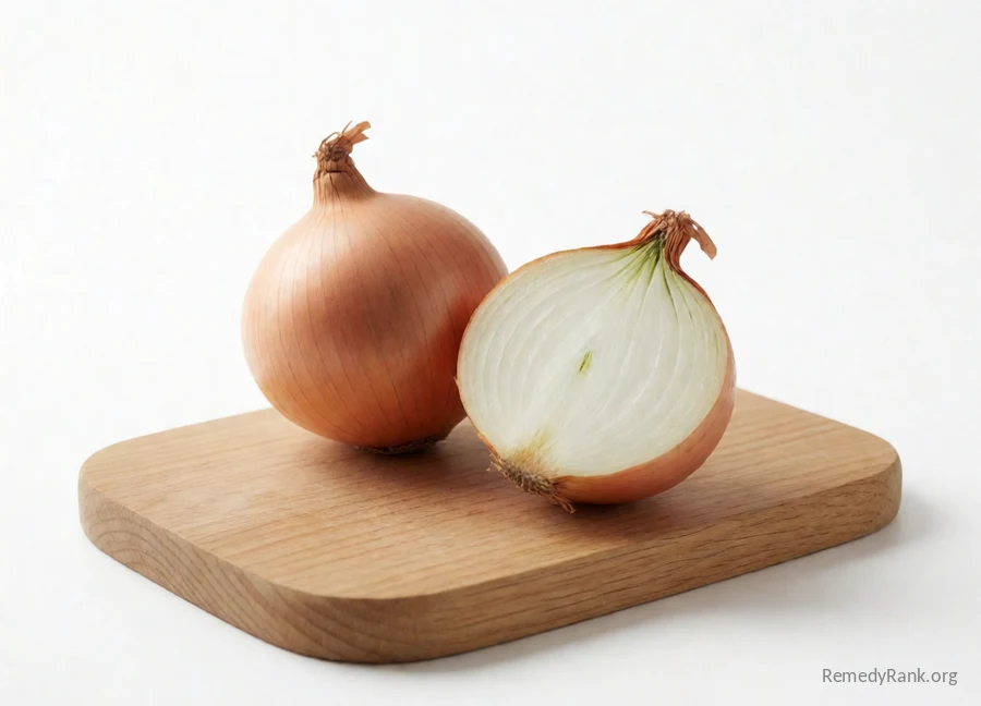 A whole onion beside a cut half showing its white ringed flesh.