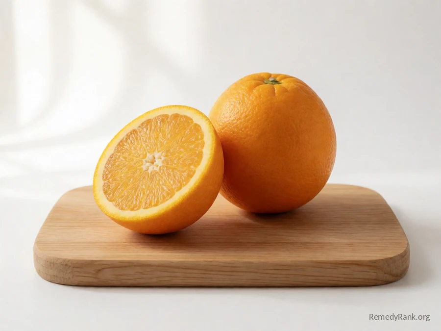 A whole orange beside a cut half showing its juicy segmented flesh.
