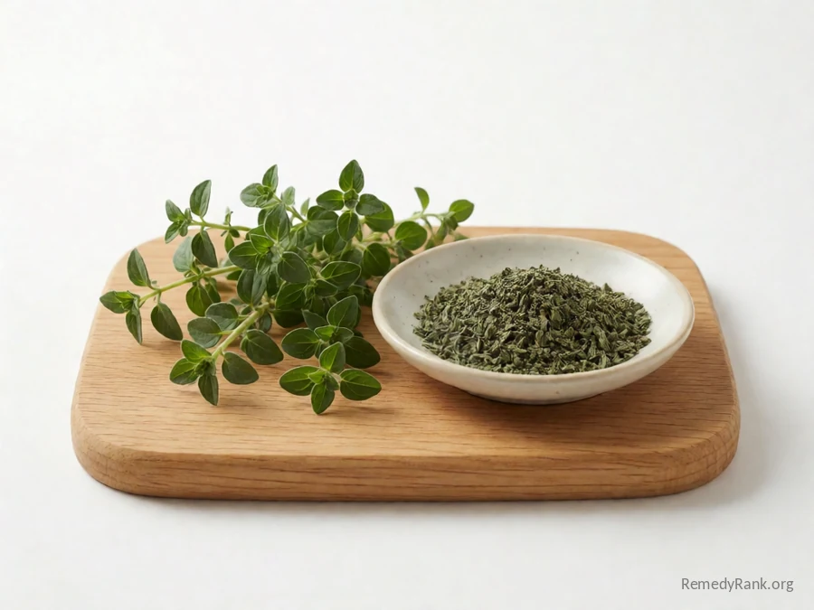 Fresh oregano sprigs beside a dish of dried oregano leaf.