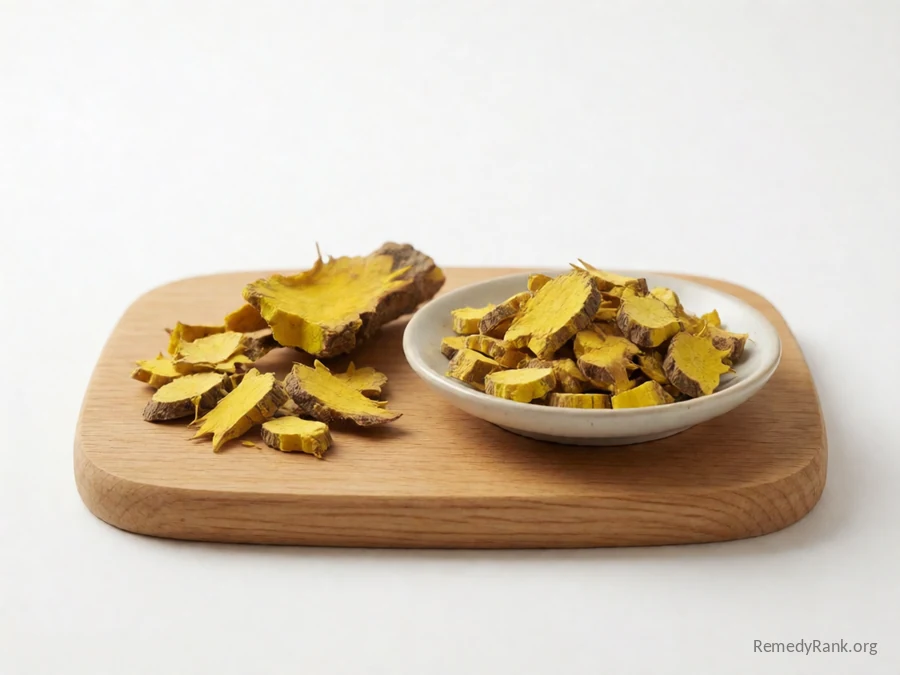A piece of Oregon grape root bark beside a dish of dried cut root.
