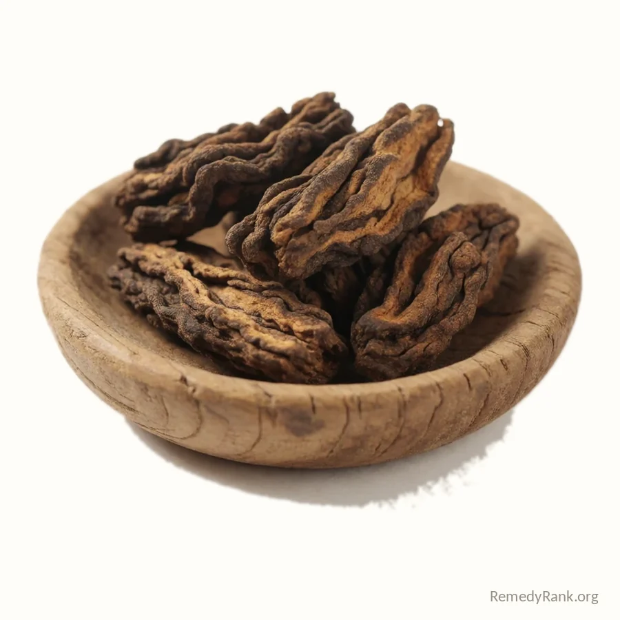Several gnarled, dark brown dried osha root pieces resting in a small weathered wooden bowl.