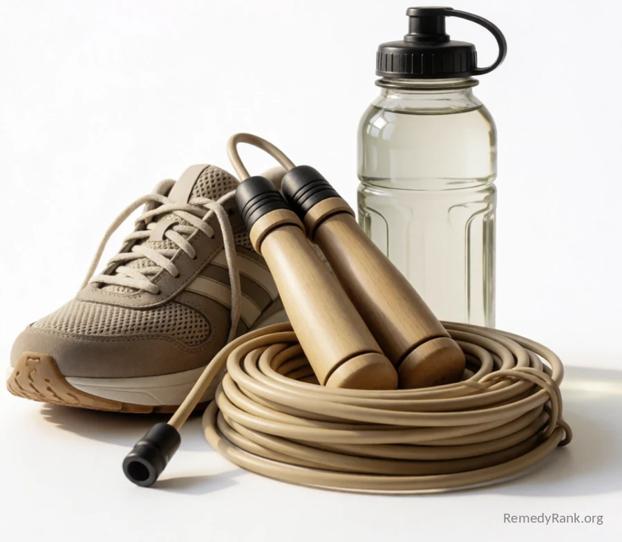 A coiled jump rope, a pair of athletic trainers, and a filled water bottle are grouped closely together.