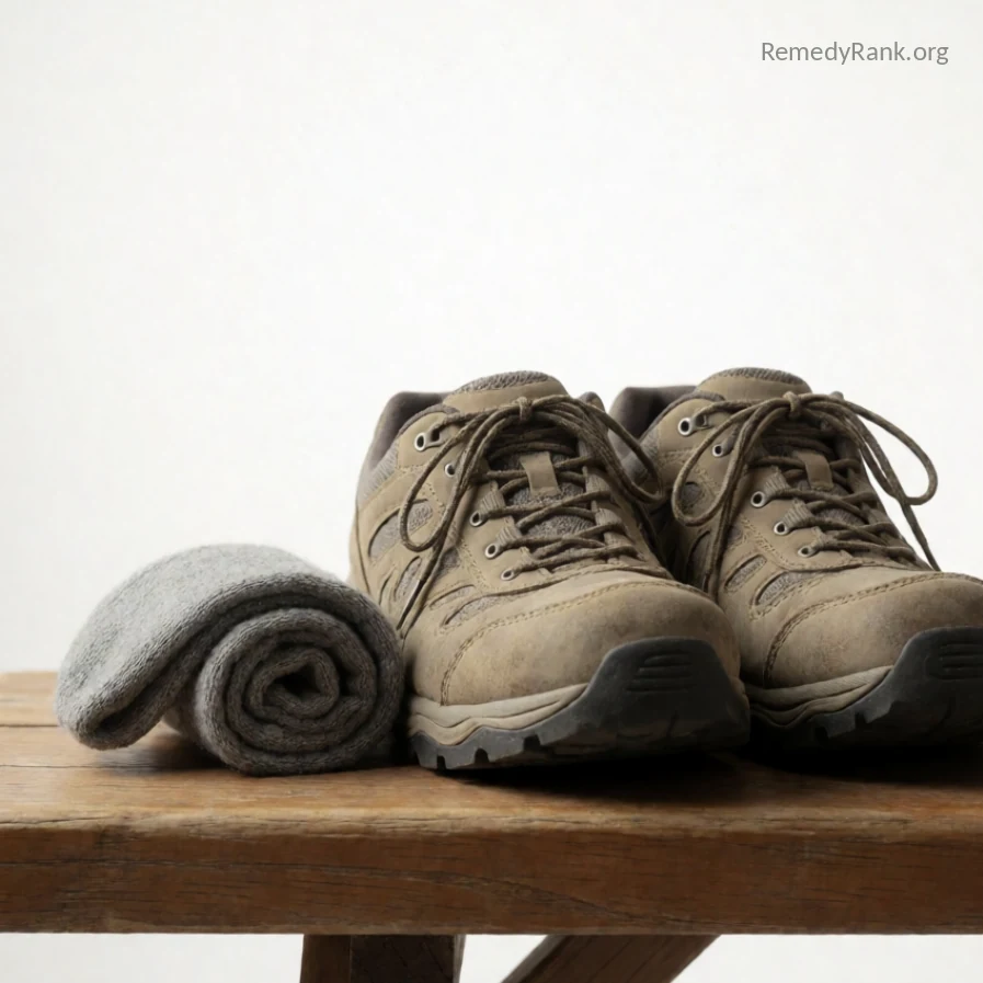 A well-worn pair of walking shoes with a rolled pair of grey socks beside them.