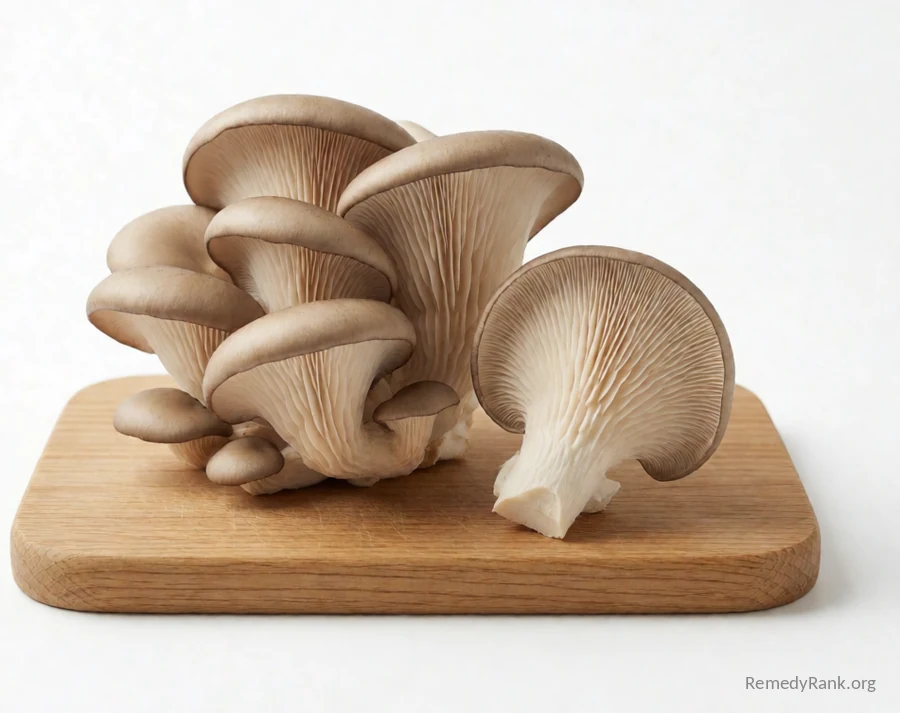 Whole oyster mushrooms beside one turned to show its white gills.