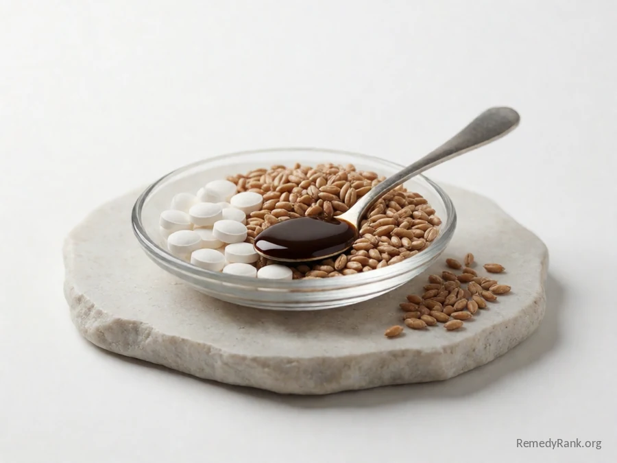 Small white tablets beside dark molasses and whole wheat grains.