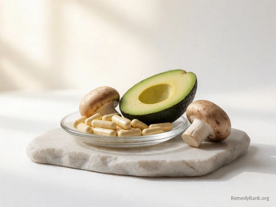 Pale yellow capsules beside a halved avocado and a mushroom.