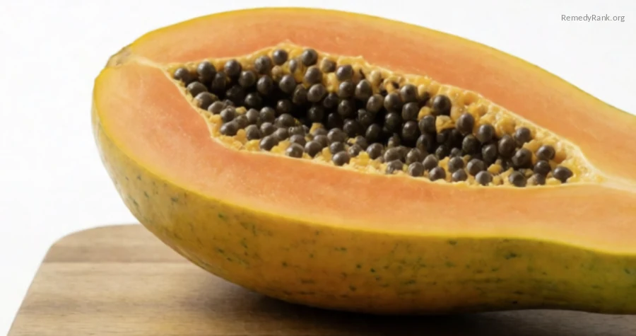 A halved ripe papaya showing its orange flesh and black seeds.