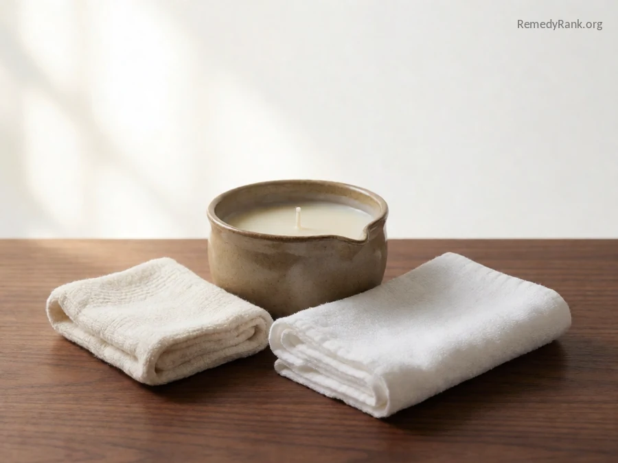 A small pot of melted white wax next to a folded cloth.