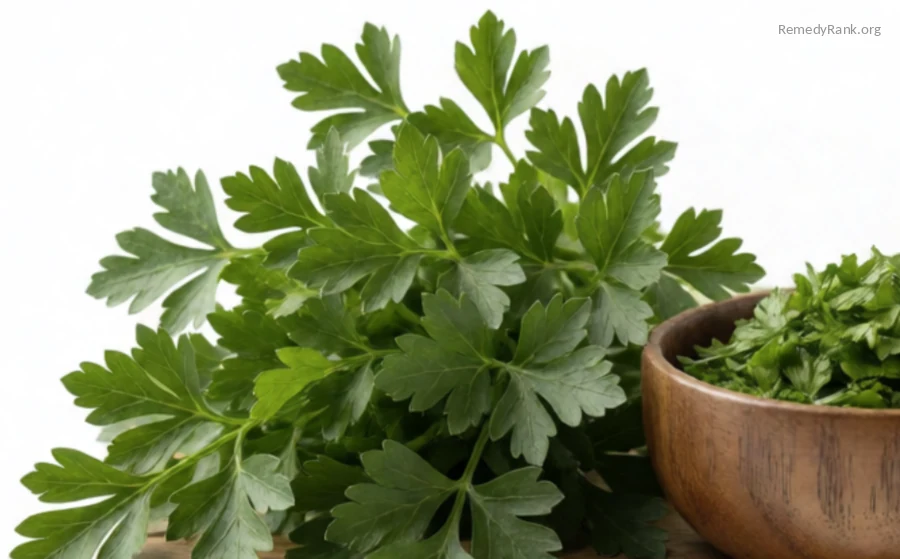A bunch of fresh parsley beside a bowl of chopped parsley.