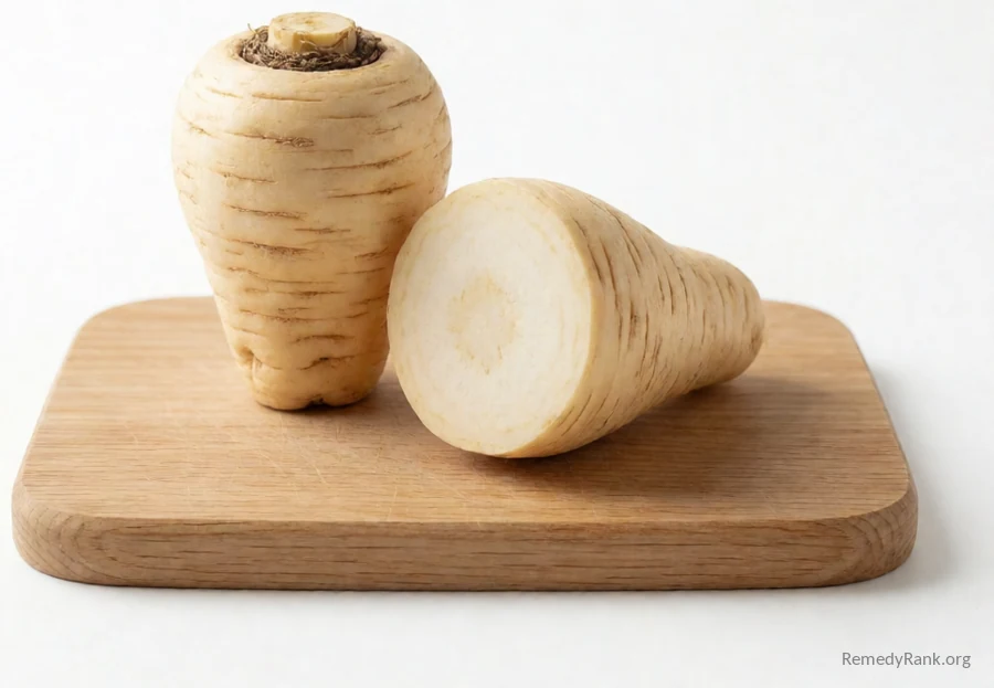 A whole parsnip beside a cut half showing its pale flesh.