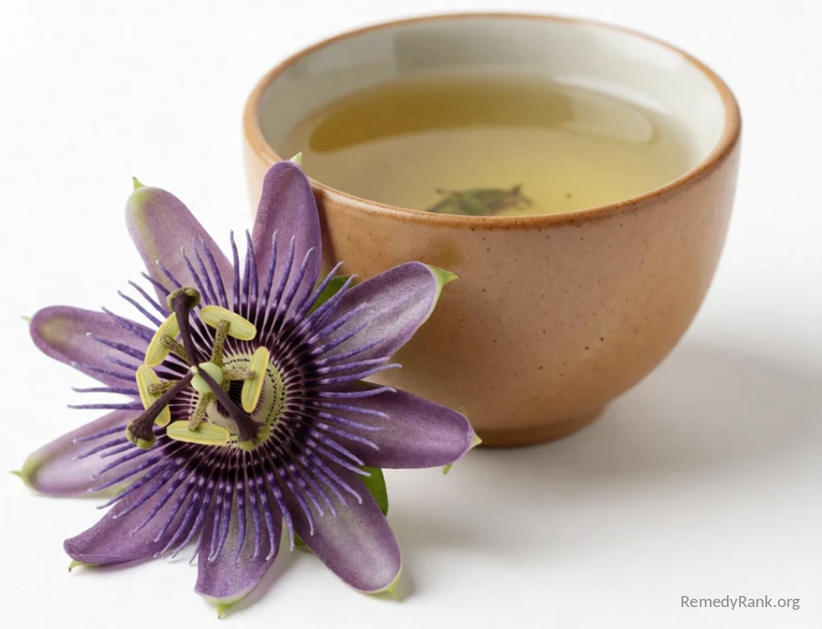 A single intricate purple passionflower blossom next to a warm ceramic cup of pale herbal tea.