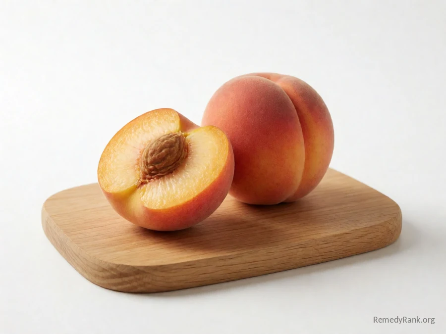 A whole peach beside a cut half showing its juicy flesh and pit.