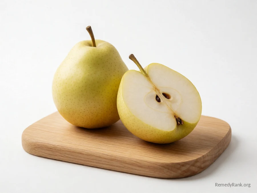 A whole pear beside a cut half showing its pale flesh and core.
