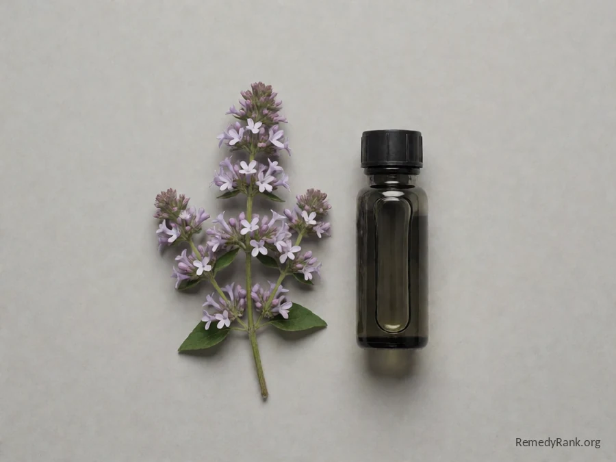 A sprig of pennyroyal with small lilac flower whorls beside a dark glass vial of its oil, photographed plainly on a neutral grey background.
