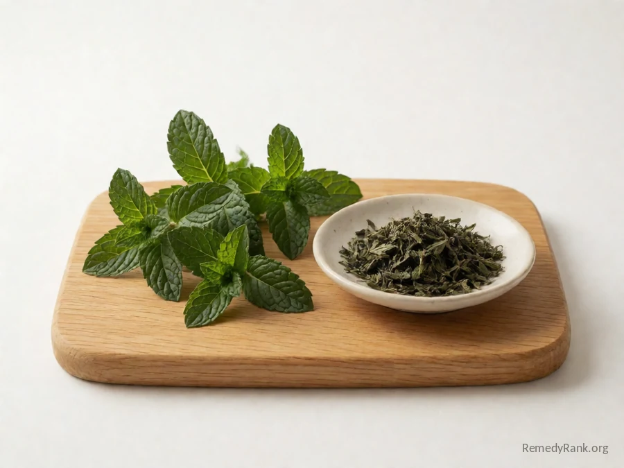 Fresh peppermint leaves beside a dish of peppermint oil.
