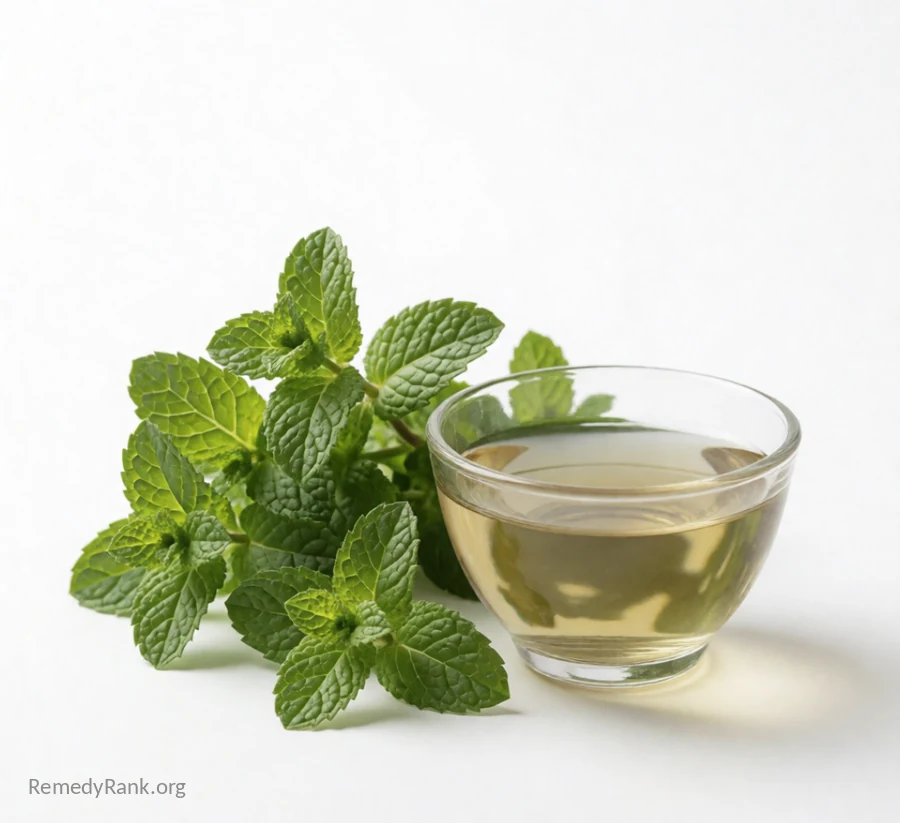 Fresh peppermint sprigs beside a small glass cup of mint tea.