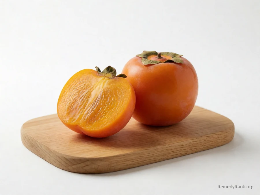 A whole persimmon beside a cut half showing its orange flesh.