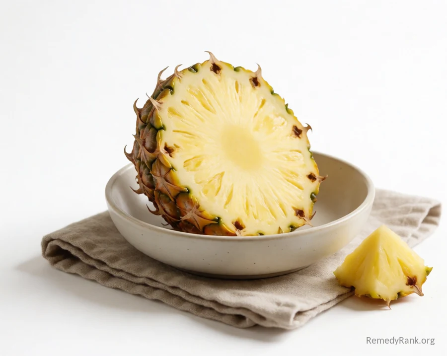 A wedge of fresh pineapple with its spiky rind.