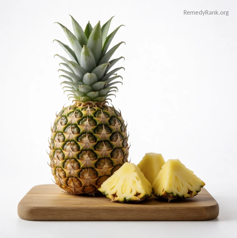A whole spiky pineapple sits beside a few fresh golden pineapple chunks on a wooden board.