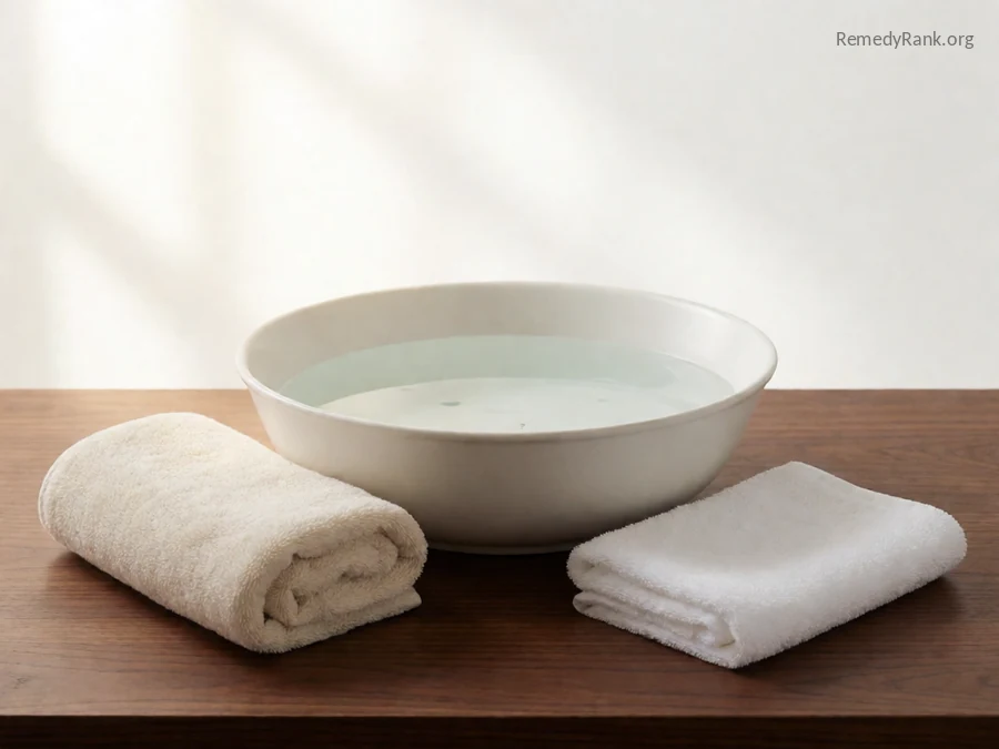 A shallow basin of clear warm water next to a folded towel.