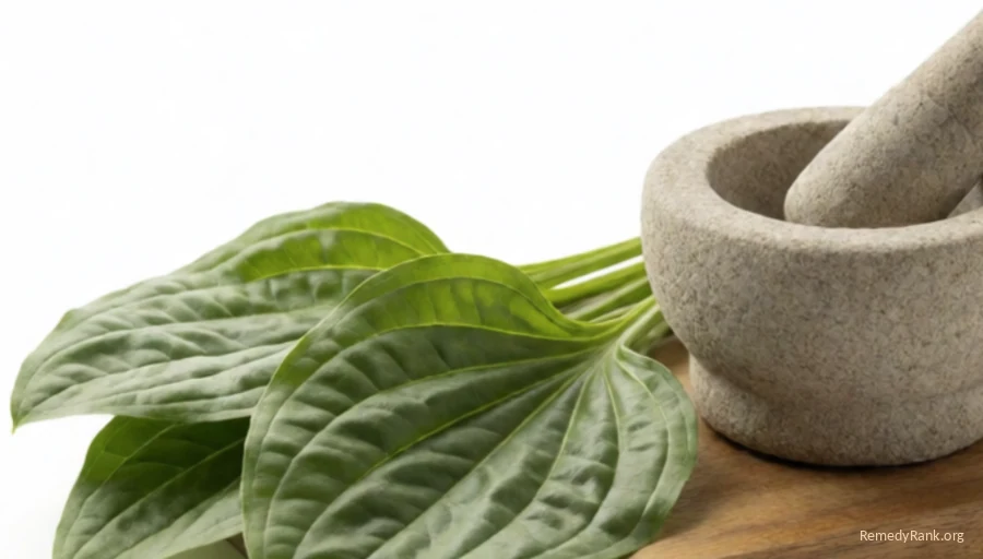 Broad ribbed green plantain leaves beside a small stone mortar and pestle.