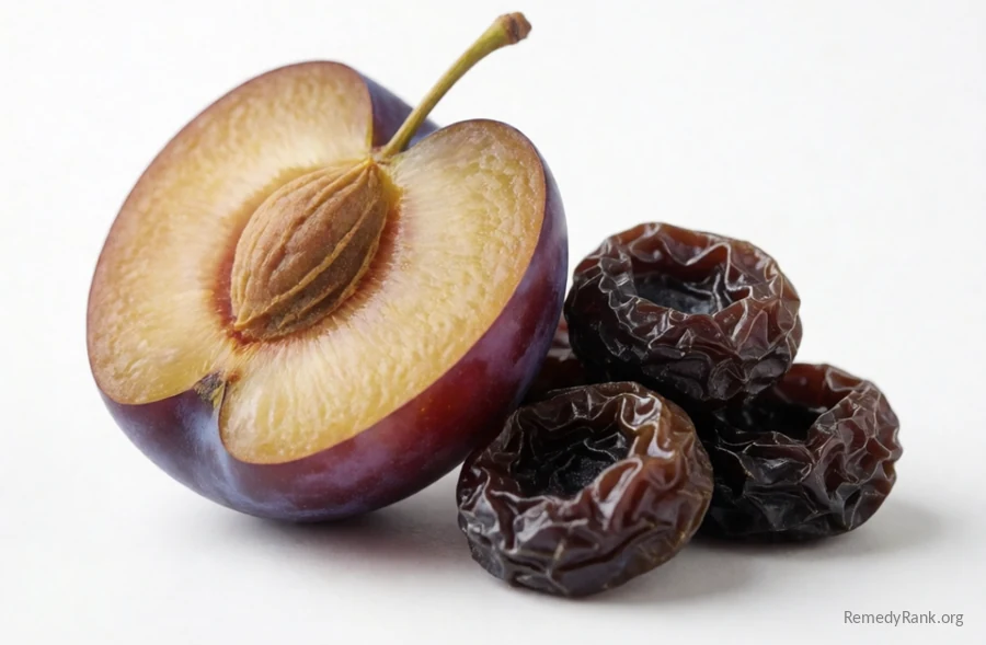 A fresh purple plum sliced in half resting beside a small pile of wrinkled dried prunes.