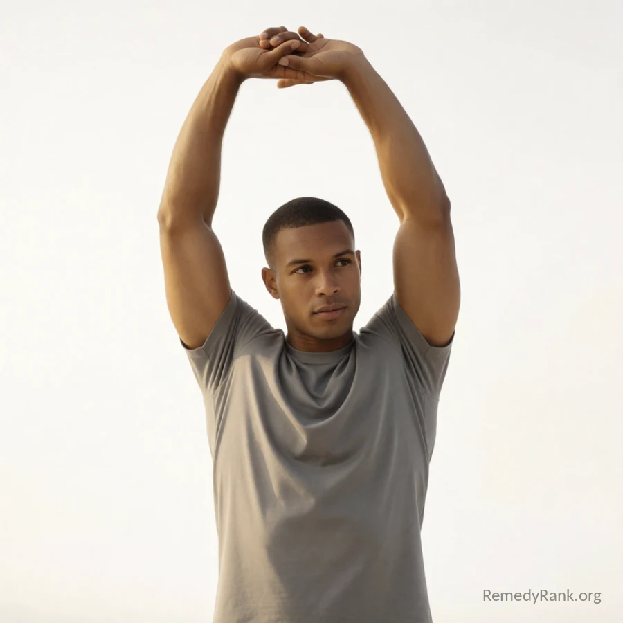 A man with short hair in a plain grey t-shirt, standing and stretching both arms overhead, full figure visible.