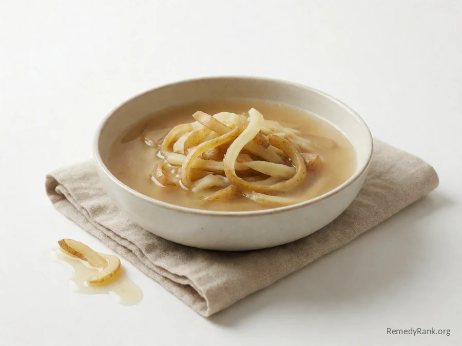 Potato peelings beside a bowl of pale golden broth.