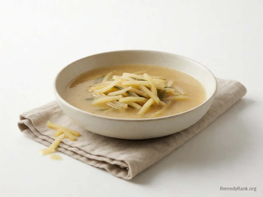 A bowl of cloudy pale broth with potato peel and vegetable scraps.