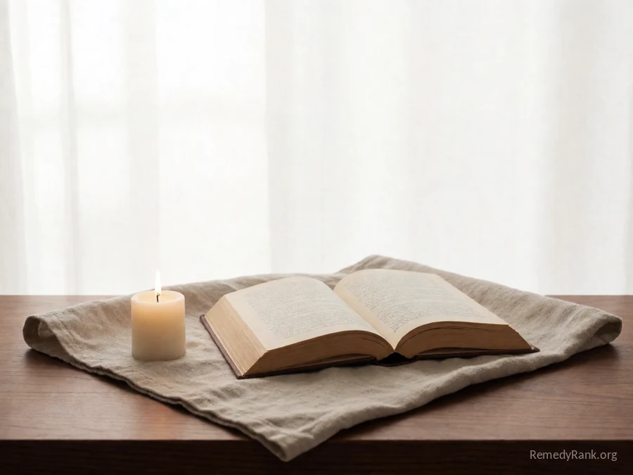 An open book next to a small lit candle.