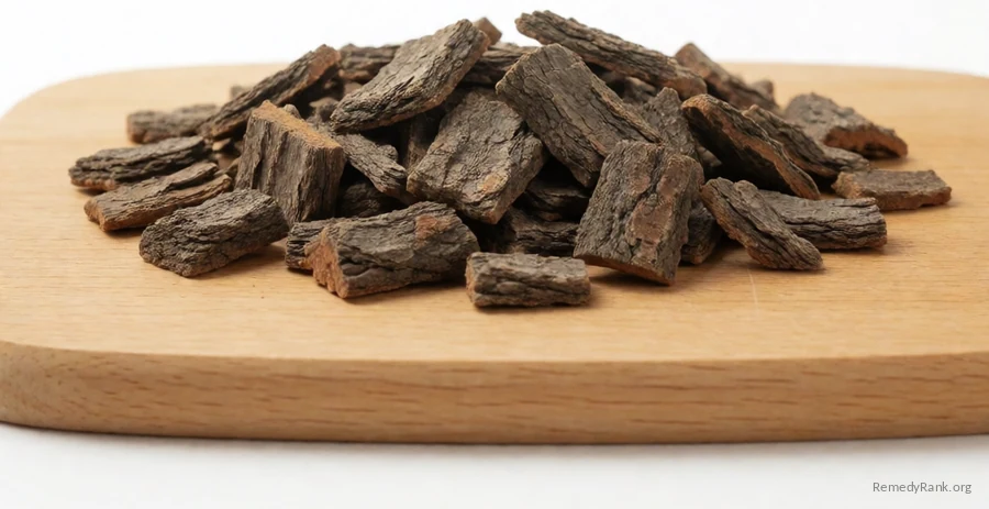 Rough, dark grey-brown pieces of prickly ash bark scattered across a plain wooden cutting board.
