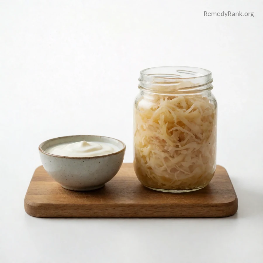 A ceramic bowl of plain yogurt next to a glass jar of fermented sauerkraut.