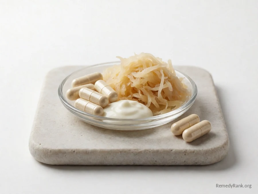 Pale cream capsules beside a spoonful of yogurt and sauerkraut.