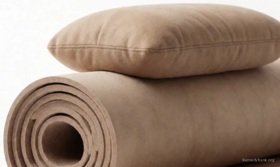 A rolled exercise mat with a small cushion resting on top of it.