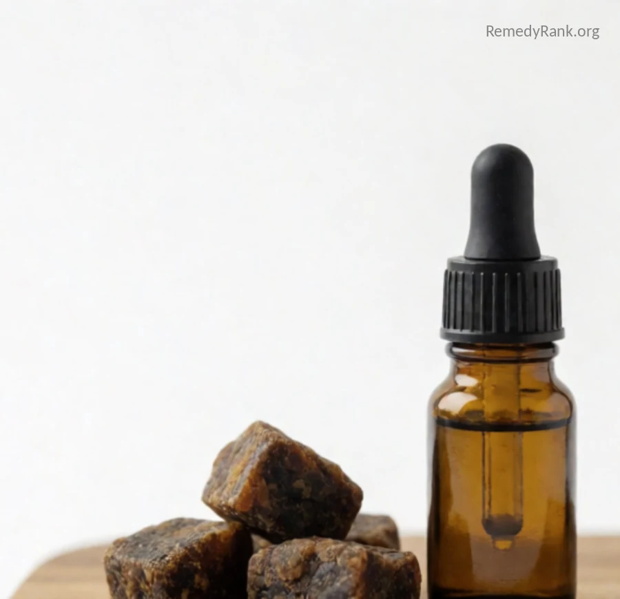 Dark resinous propolis chunks beside a small amber dropper bottle.