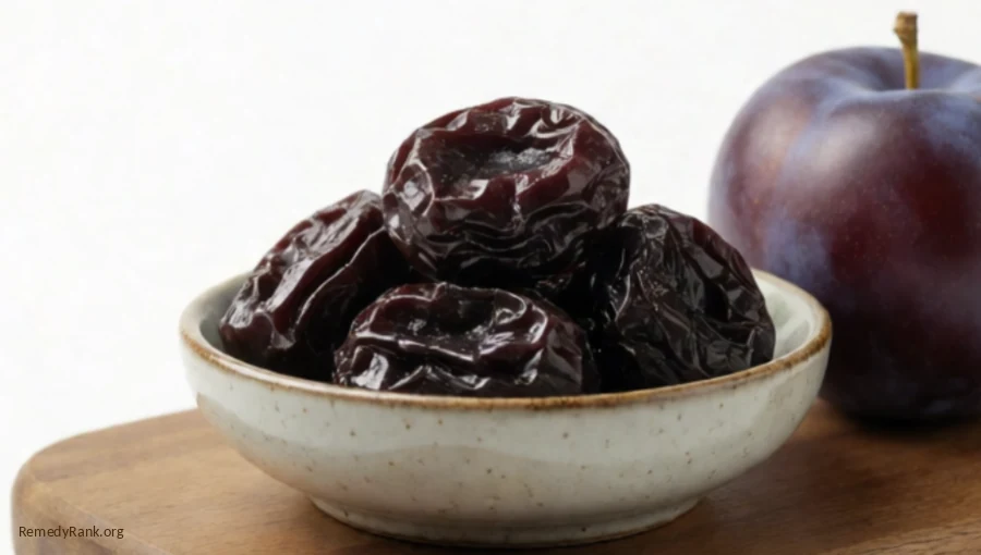 Wrinkled dried prunes in a bowl beside a fresh purple plum.