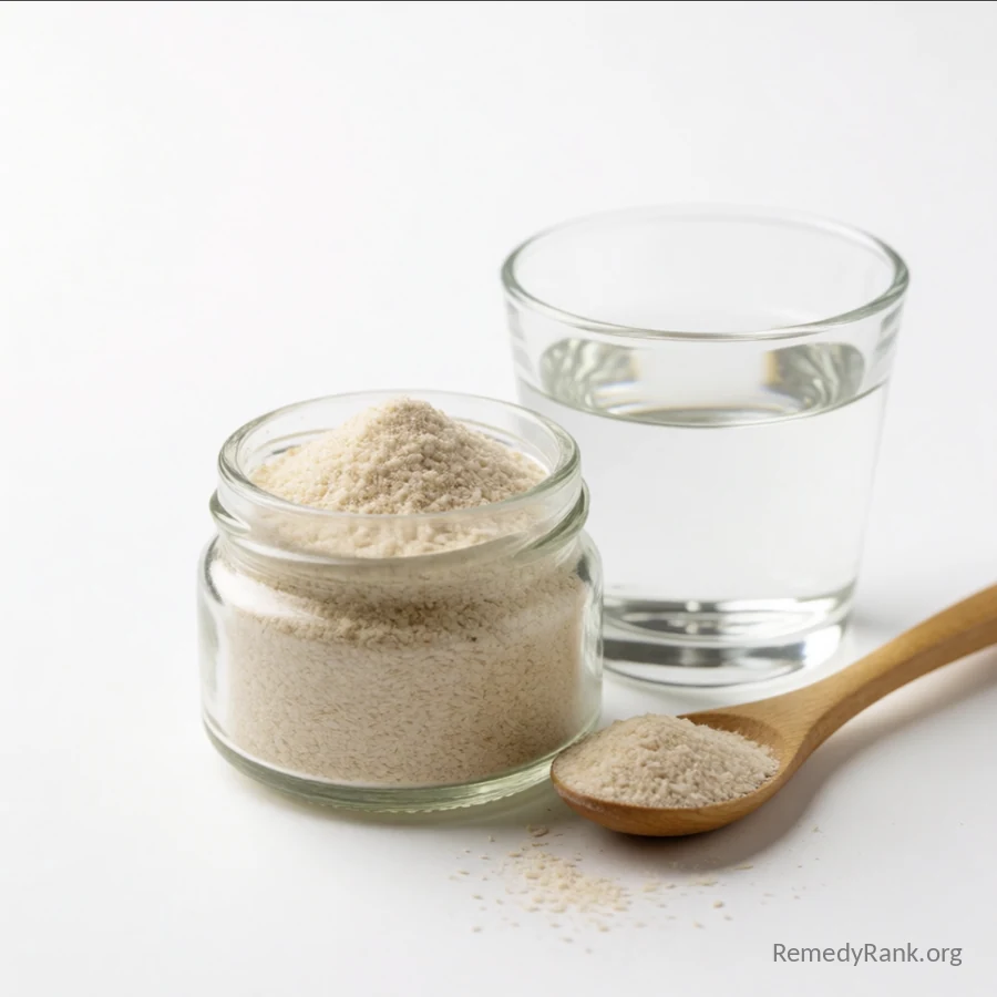 A glass jar of pale beige psyllium husk powder sits beside a wooden spoon and a glass of water.