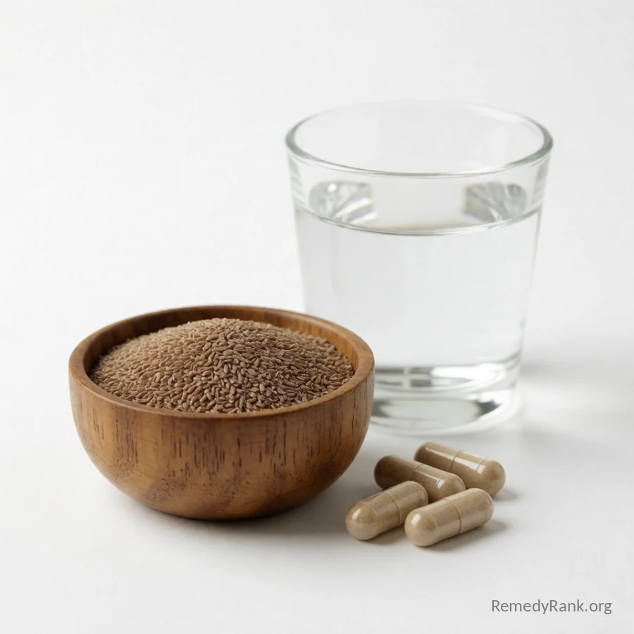 A wooden bowl of tiny brown psyllium seeds sits beside a few beige capsules and a glass of water.