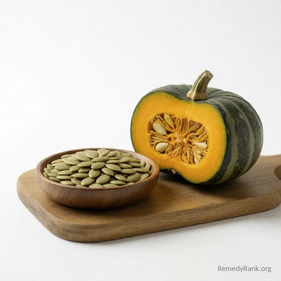 A wooden bowl of flat green pumpkin seeds next to a halved small pumpkin.
