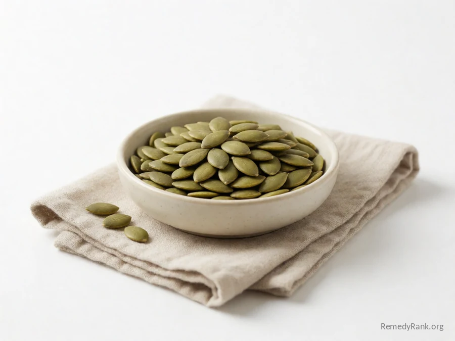 A handful of flat, dark green hulled pumpkin seeds.