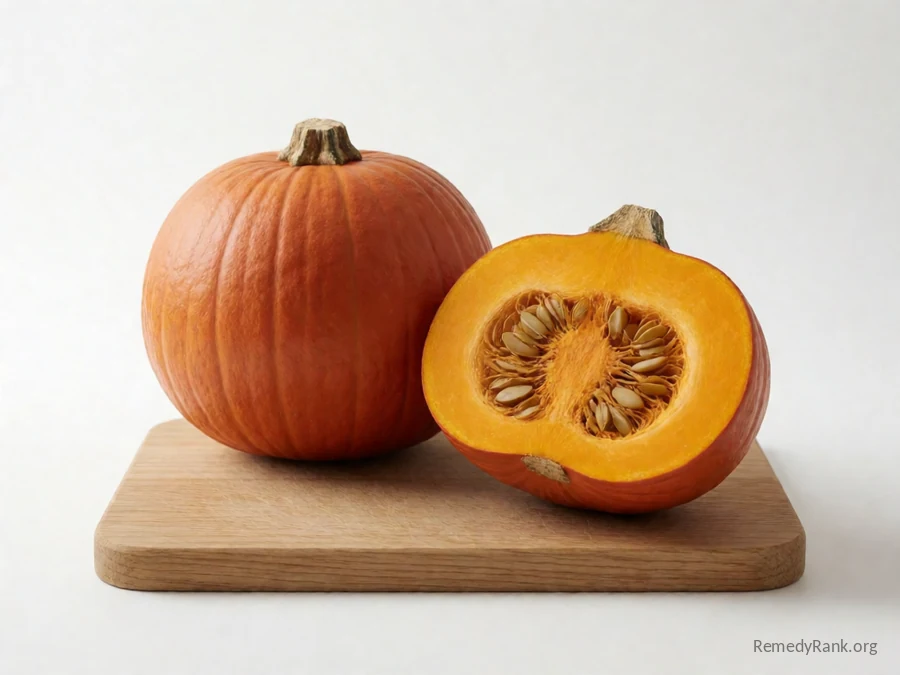 A whole pumpkin beside a cut half showing its orange flesh and seeds.