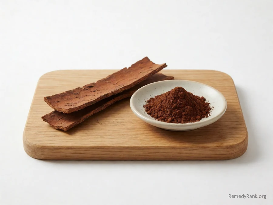 Pygeum africanum bark beside a dish of concentrated bark extract powder.