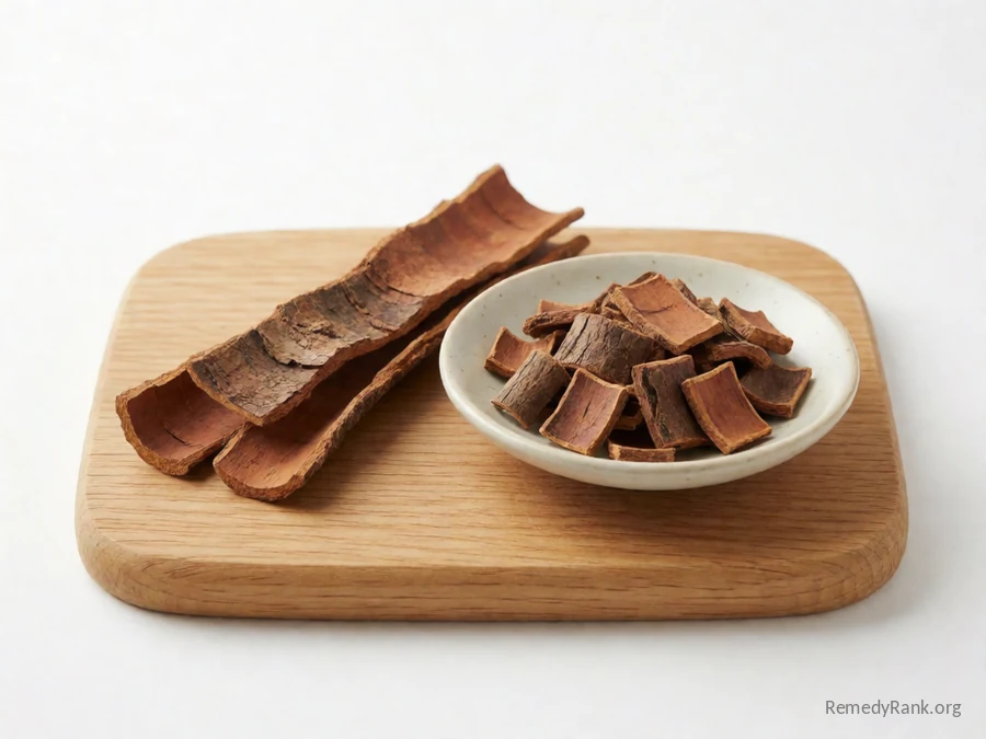 A strip of pygeum bark beside a dish of dried cut bark.