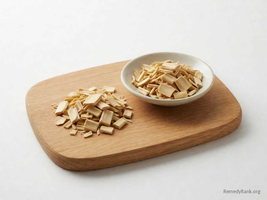 Quassia wood chips beside a dish of steeped quassia tea.